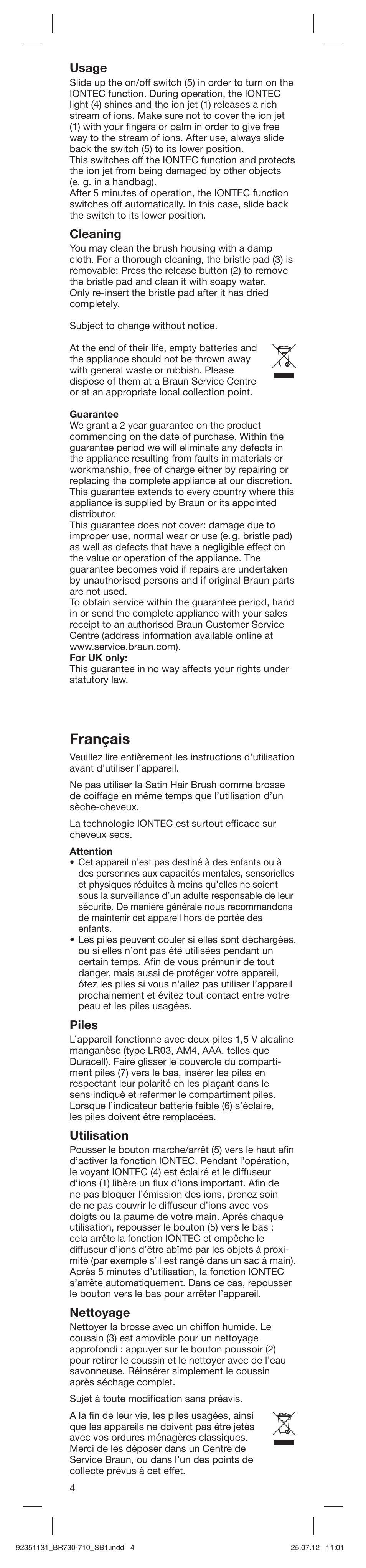 Français, Usage, Cleaning | Piles, Utilisation, Nettoyage | Braun SB1 Satin Hair 7 User Manual | Page 4 / 22