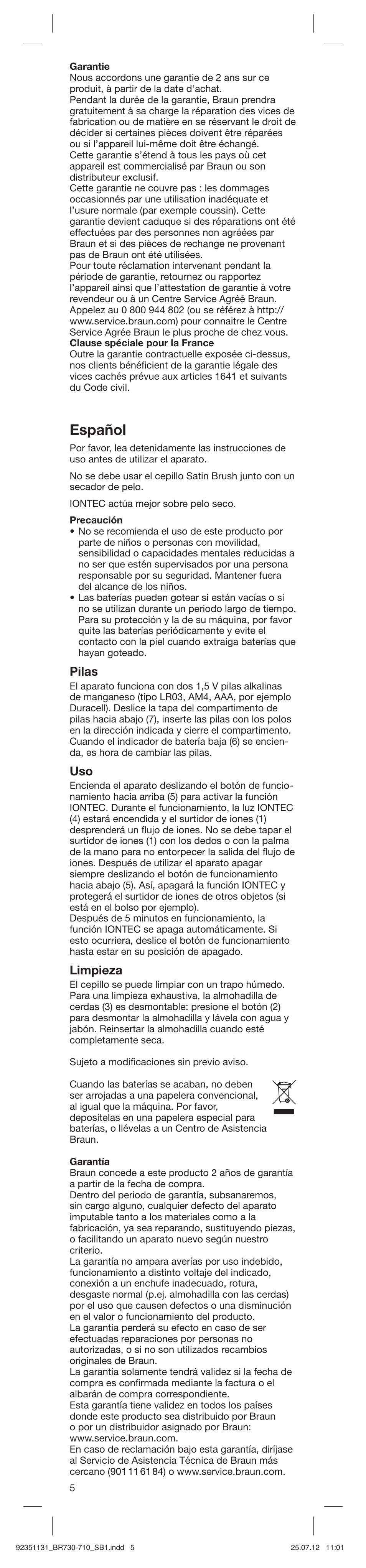 Español, Pilas, Limpieza | Braun SB1 Satin Hair 7 User Manual | Page 5 / 22