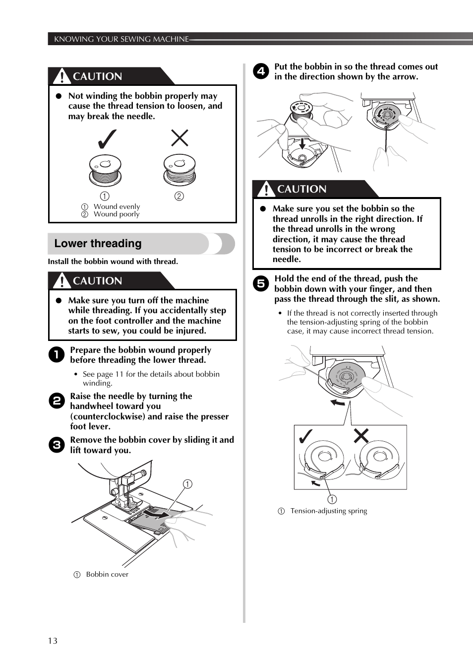 Lower threading, Caution | Brother LX2500 User Manual | Page 14 / 92