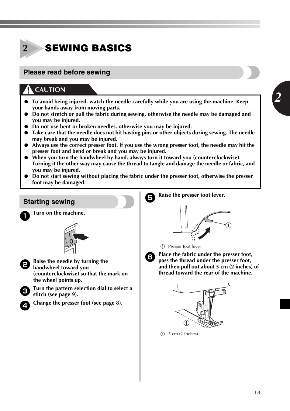 2sewing basics, Please read before sewing, Starting sewing | Caution | Brother LX2500 User Manual | Page 19 / 92