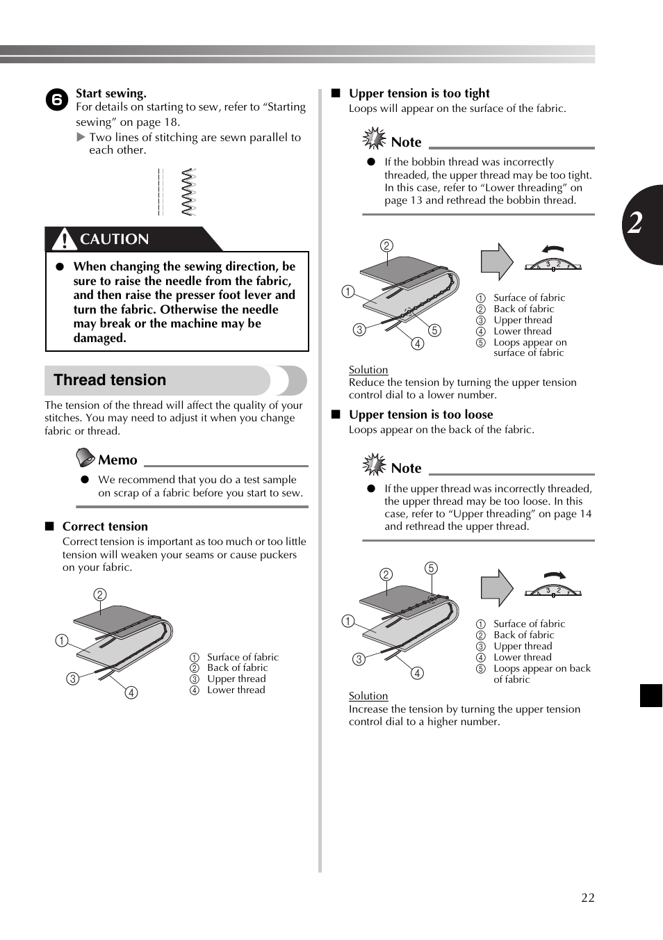 Thread tension, Caution | Brother LX2500 User Manual | Page 23 / 92