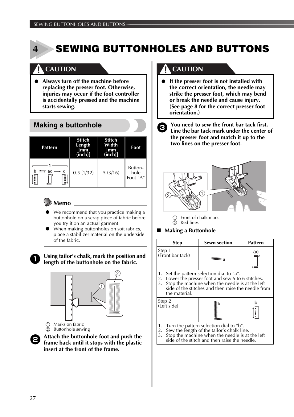 4sewing buttonholes and buttons, Making a buttonhole, Caution | Brother LX2500 User Manual | Page 28 / 92