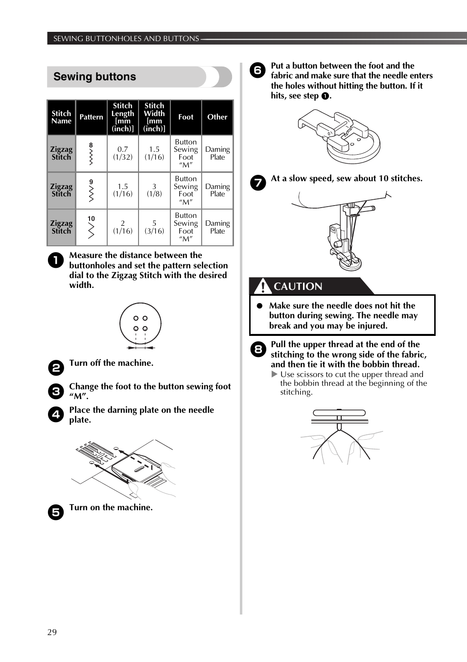 Sewing buttons, Caution | Brother LX2500 User Manual | Page 30 / 92