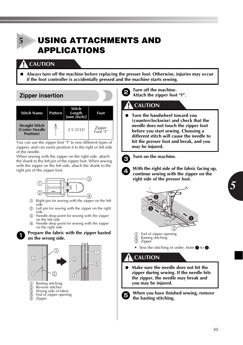 5using attachments and applications, Zipper insertion, Caution | Brother LX2500 User Manual | Page 31 / 92