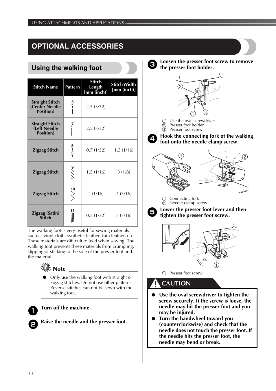 Optional accessories, Using the walking foot, Caution | Brother LX2500 User Manual | Page 34 / 92