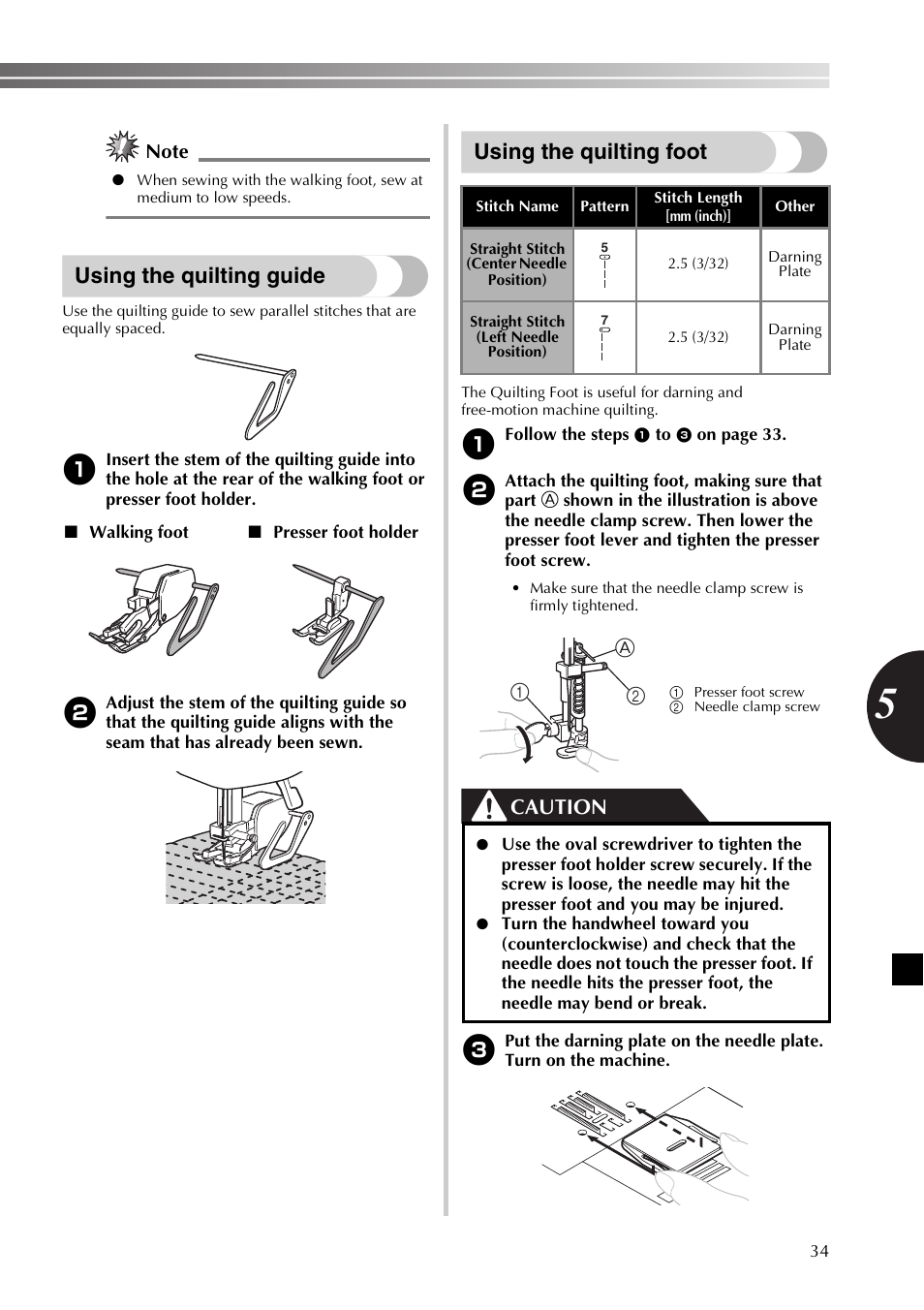 Using the quilting guide, Using the quilting foot, Caution | 21 a | Brother LX2500 User Manual | Page 35 / 92