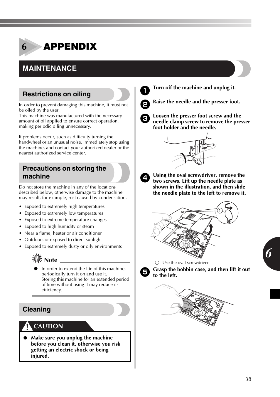 6appendix, Maintenance, Restrictions on oiling | Precautions on storing the machine, Cleaning, Caution | Brother LX2500 User Manual | Page 39 / 92