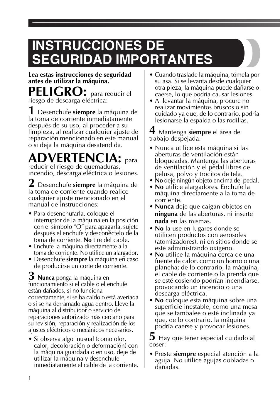 Instrucciones de seguridad importantes, Peligro, Advertencia | Para reducir el riesgo de descarga eléctrica | Brother LX2500 User Manual | Page 46 / 92