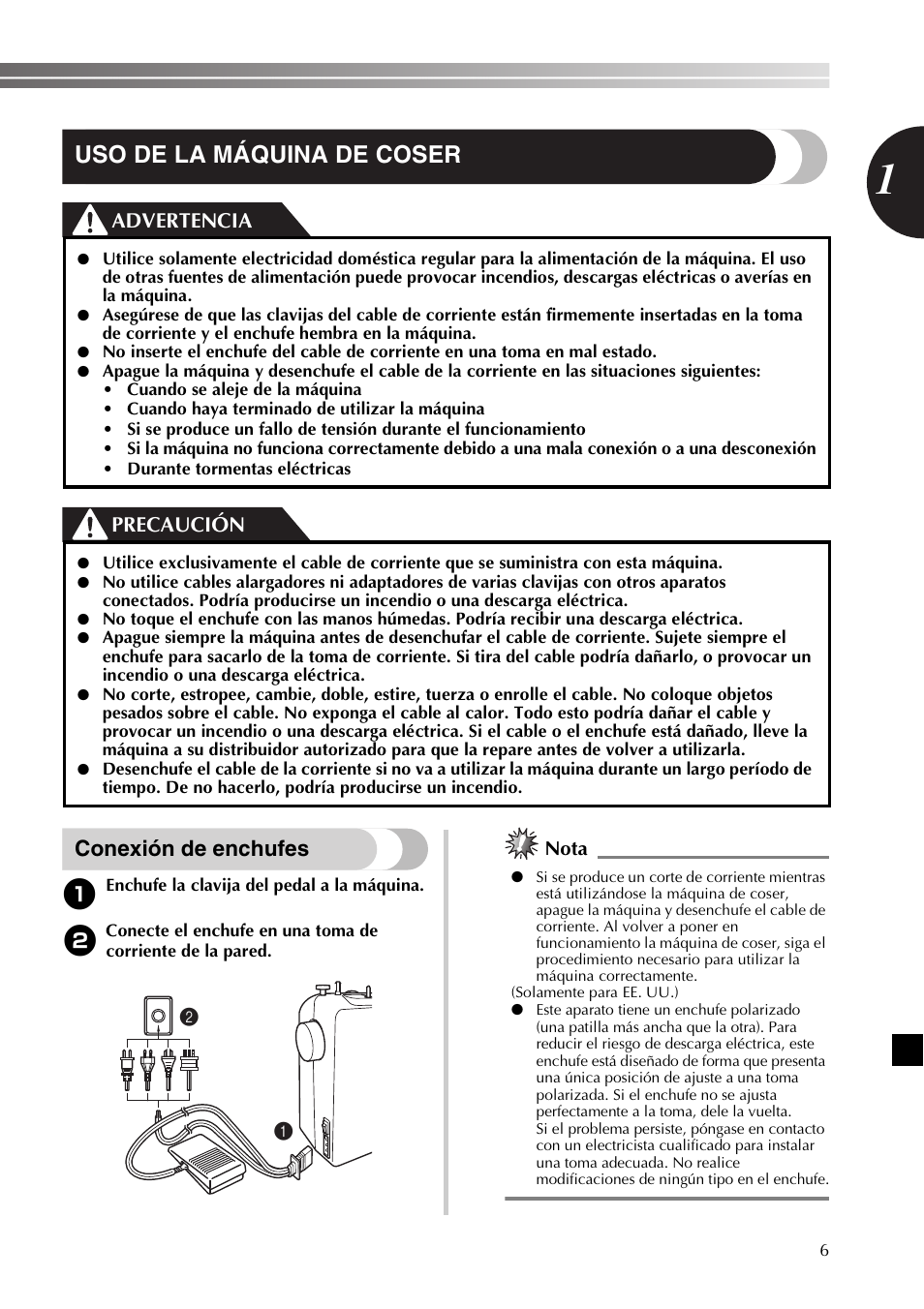 Uso de la máquina de coser, Conexión de enchufes, Advertencia precaución | Nota | Brother LX2500 User Manual | Page 51 / 92