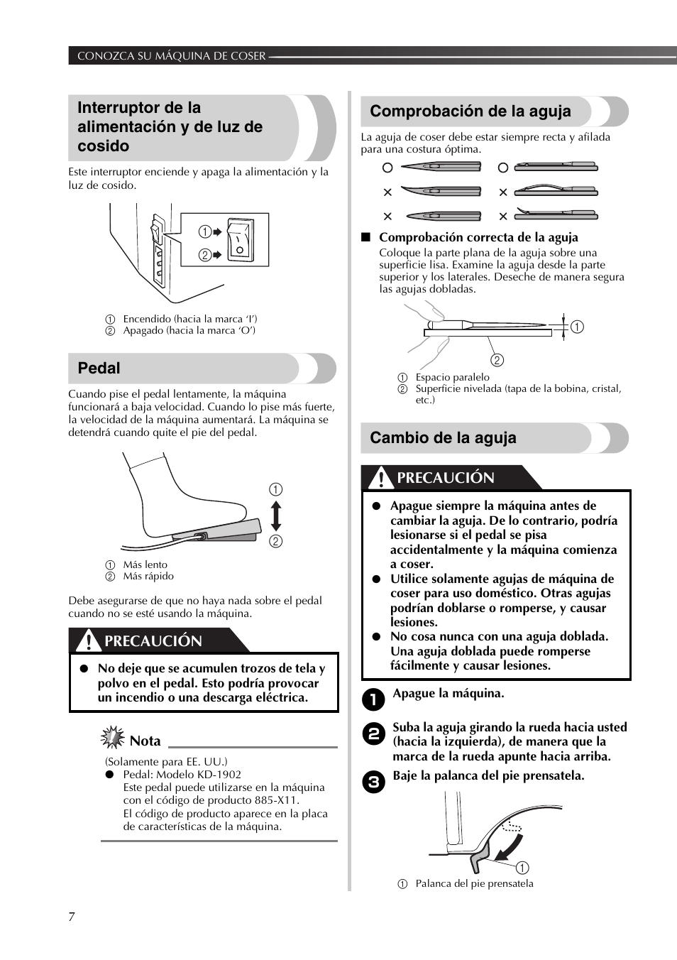 Interruptor de la alimentación y de luz de cosido, Pedal, Comprobación de la aguja | Cambio de la aguja, Precaución, Nota | Brother LX2500 User Manual | Page 52 / 92