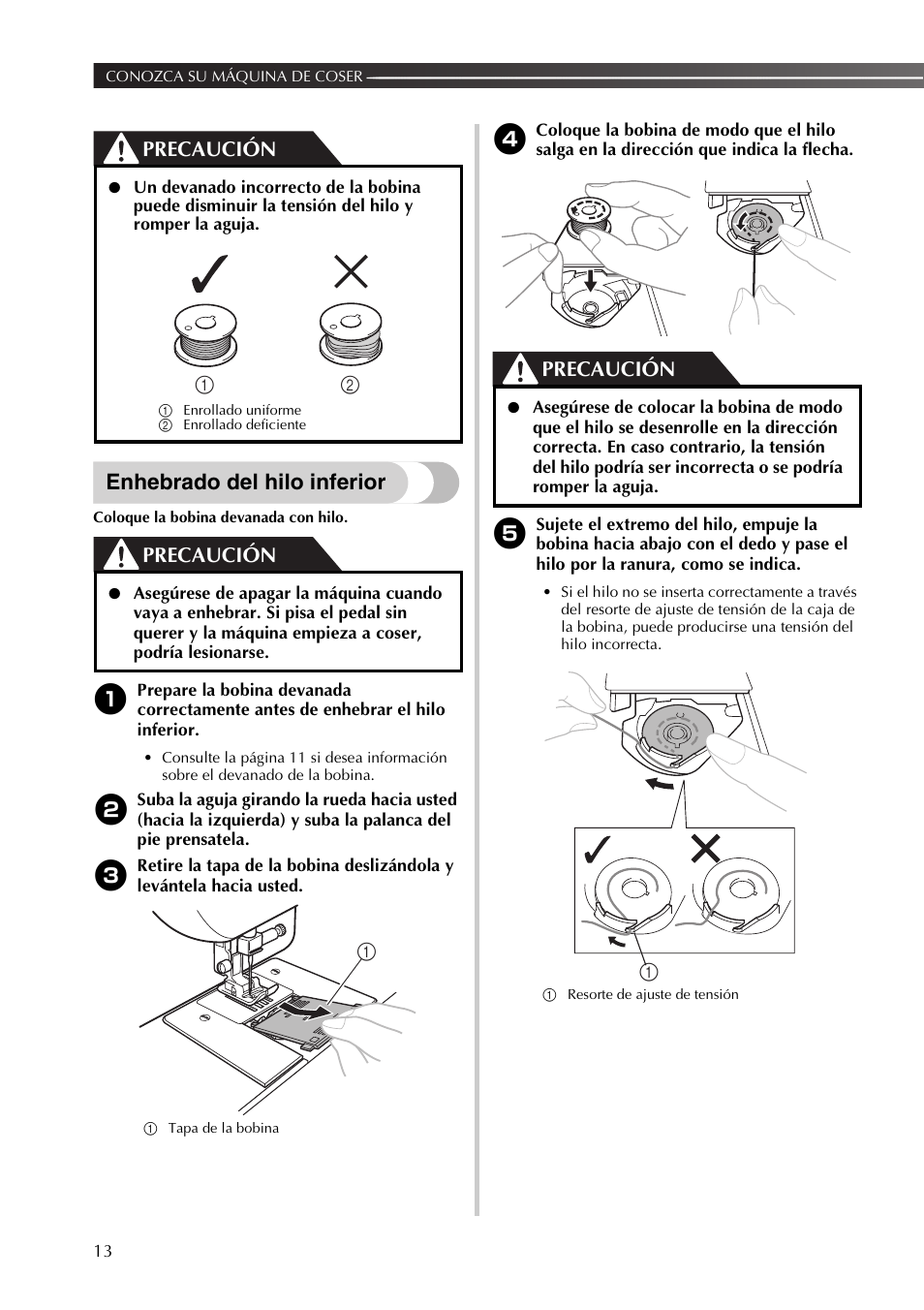 Enhebrado del hilo inferior, Precaución | Brother LX2500 User Manual | Page 58 / 92