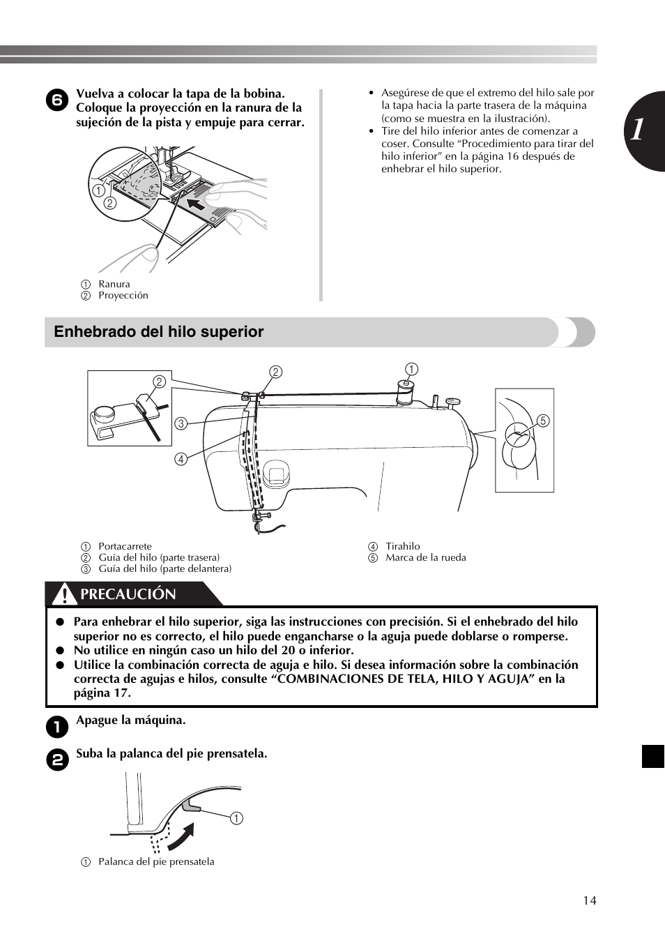 Enhebrado del hilo superior, Precaución | Brother LX2500 User Manual | Page 59 / 92