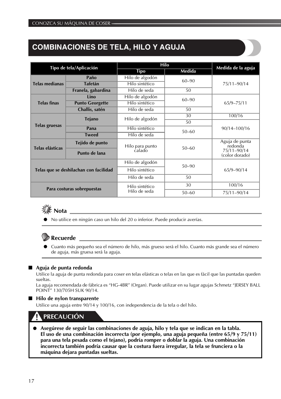 Combinaciones de tela, hilo y aguja, Precaución, Nota | Recuerde | Brother LX2500 User Manual | Page 62 / 92