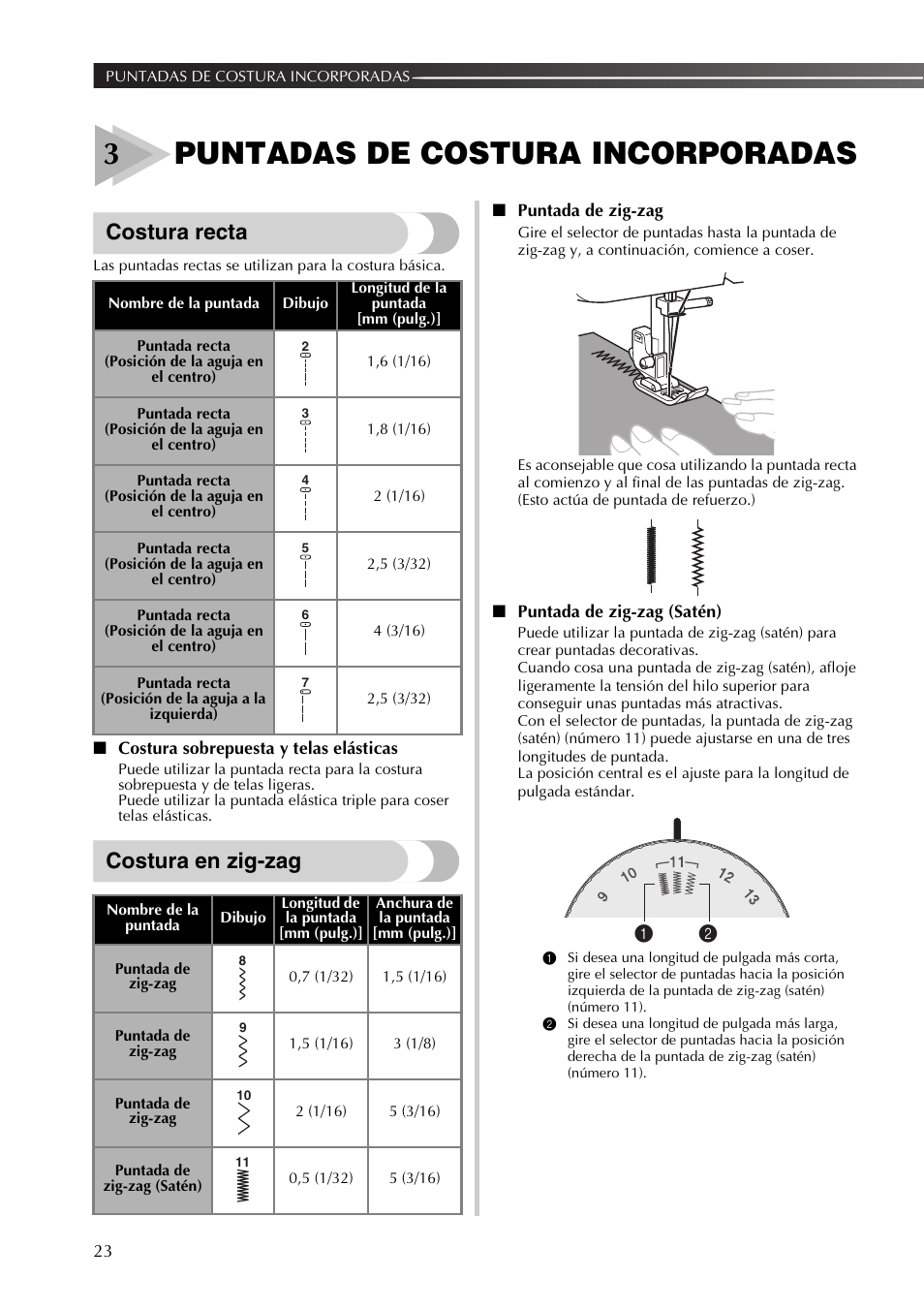 3puntadas de costura incorporadas, Costura recta, Costura en zig-zag | Brother LX2500 User Manual | Page 68 / 92