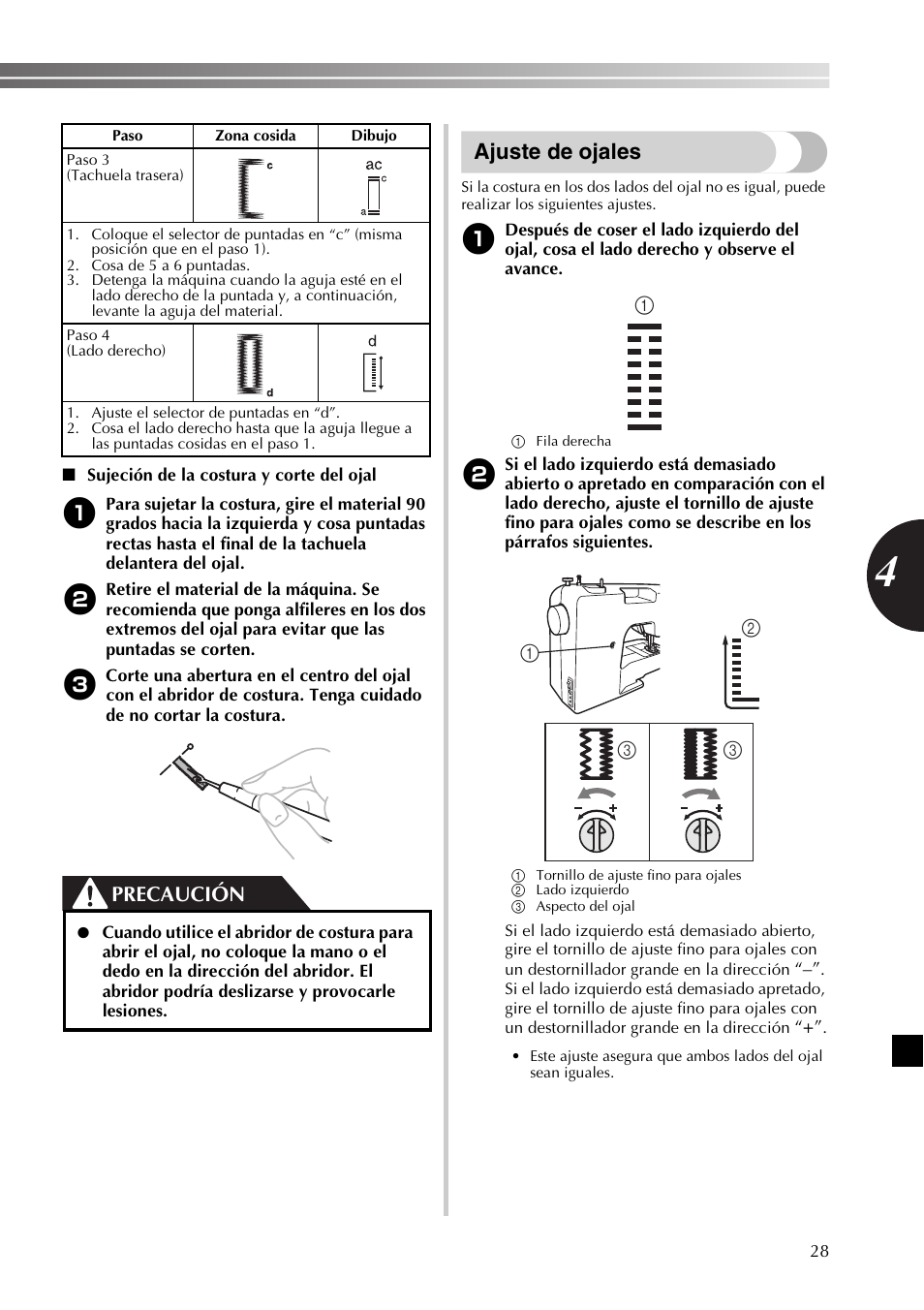 Ajuste de ojales, Precaución | Brother LX2500 User Manual | Page 73 / 92