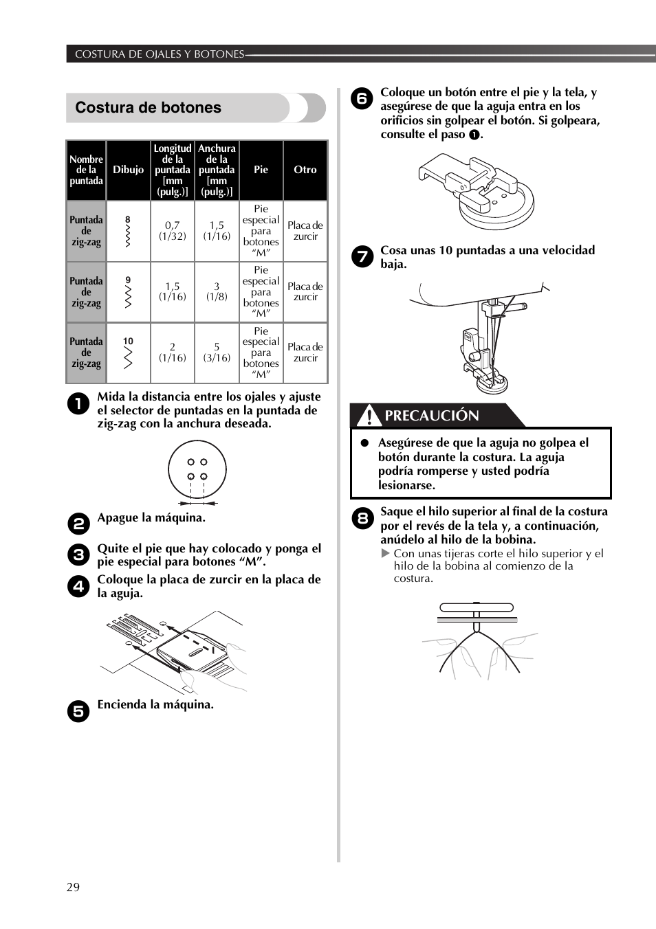 Costura de botones, Precaución | Brother LX2500 User Manual | Page 74 / 92