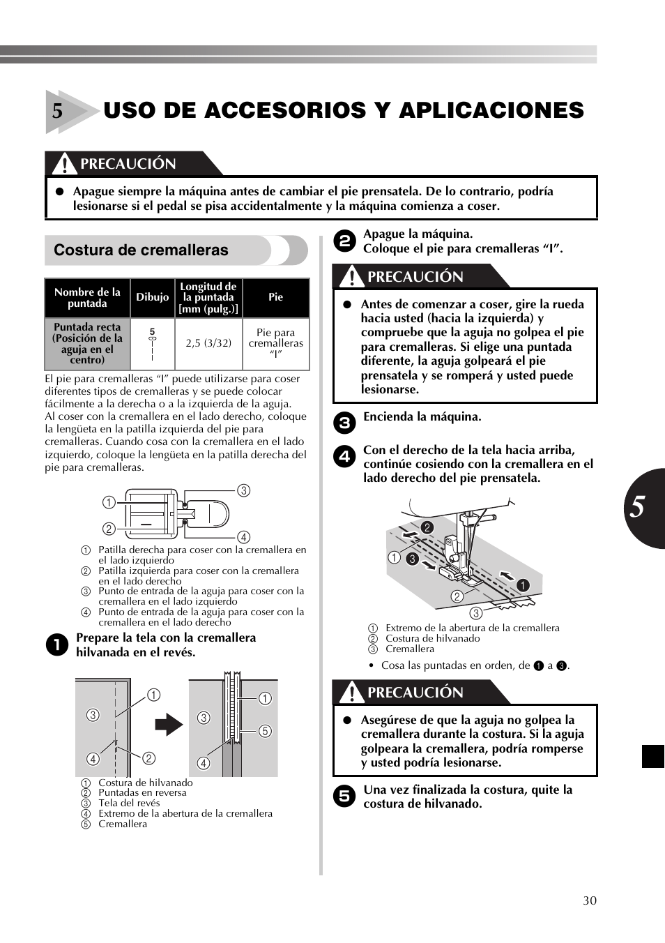 5uso de accesorios y aplicaciones, Costura de cremalleras, Precaución | Brother LX2500 User Manual | Page 75 / 92