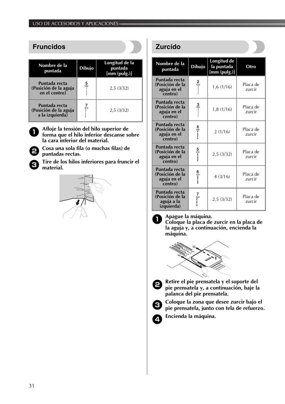 Fruncidos, Zurcido | Brother LX2500 User Manual | Page 76 / 92