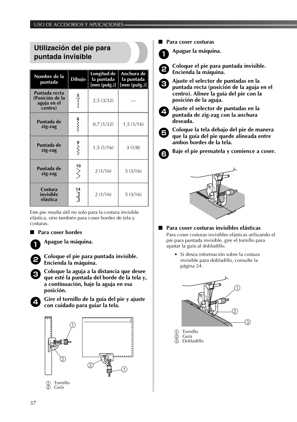 Utilización del pie para puntada invisible | Brother LX2500 User Manual | Page 82 / 92