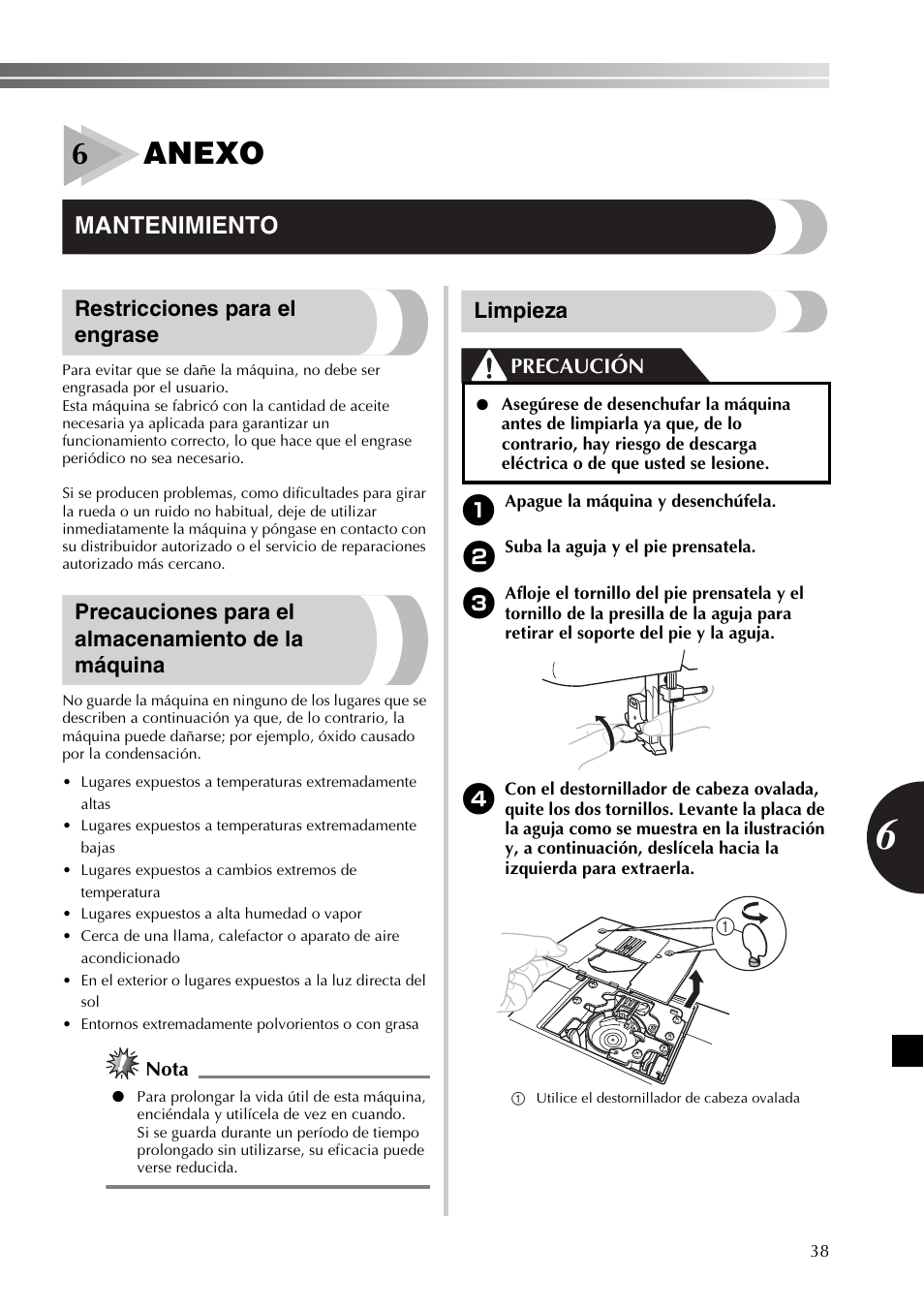 6anexo, Mantenimiento, Restricciones para el engrase | Precauciones para el almacenamiento de la máquina, Limpieza, Precaución, Nota | Brother LX2500 User Manual | Page 83 / 92