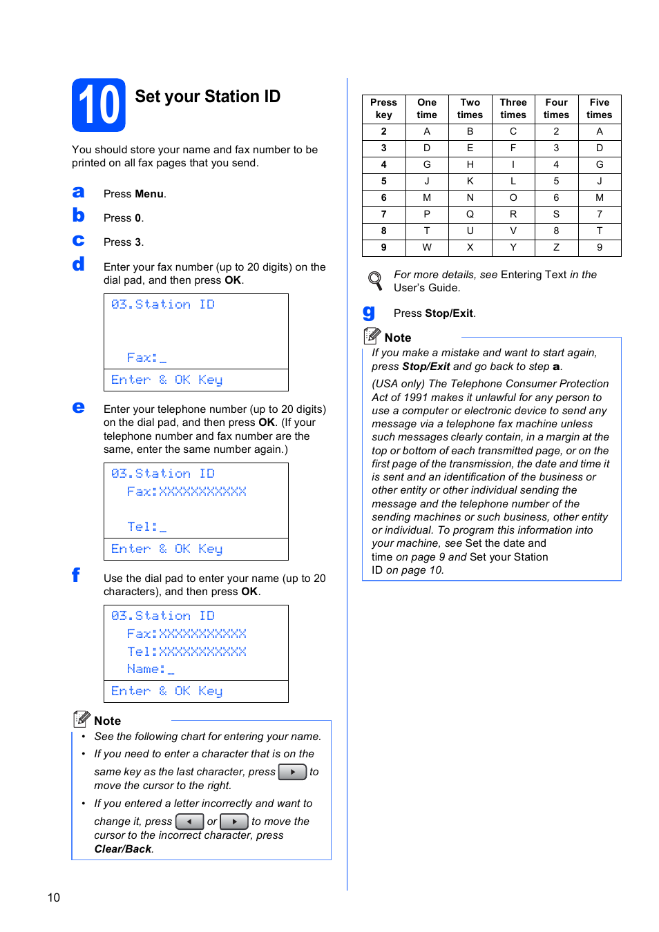 10 set your station id, Set your station id, Station id fax:_ enter & ok key | Brother MFC-8690DW User Manual | Page 10 / 48