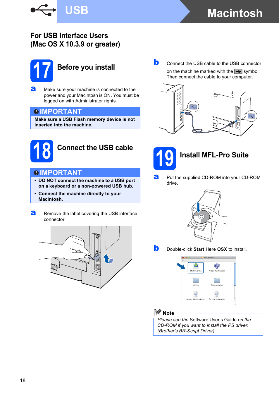 17 before you install, 18 connect the usb cable, 19 install mfl-pro suite | Macintosh usb | Brother MFC-8690DW User Manual | Page 18 / 48