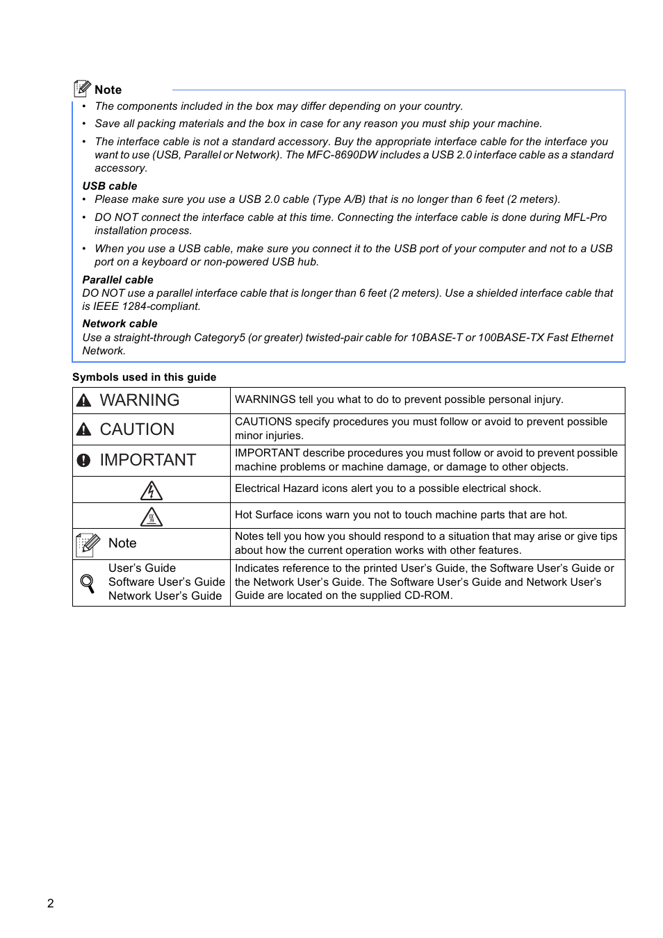 Warning caution important | Brother MFC-8690DW User Manual | Page 2 / 48