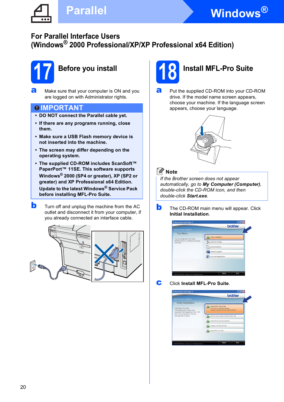 17 before you install, 18 install mfl-pro suite, Windows | Parallel | Brother MFC-8690DW User Manual | Page 20 / 48