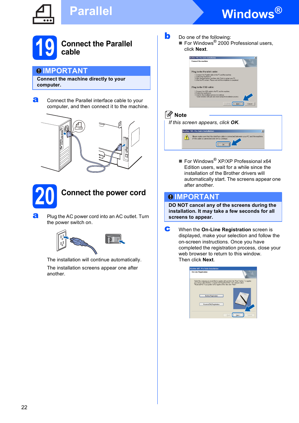 19 connect the parallel cable, 20 connect the power cord, Windows | Parallel | Brother MFC-8690DW User Manual | Page 22 / 48