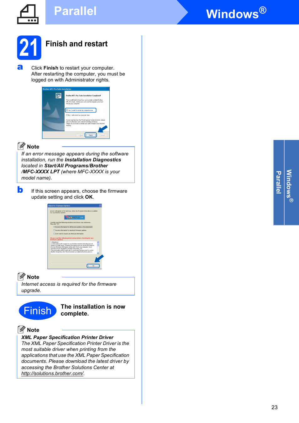 21 finish and restart, Windows, Parallel | Finish | Brother MFC-8690DW User Manual | Page 23 / 48