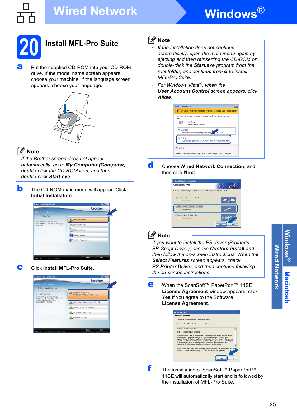 20 install mfl-pro suite, Windows, Wired network | Install mfl-pro suite | Brother MFC-8690DW User Manual | Page 25 / 48