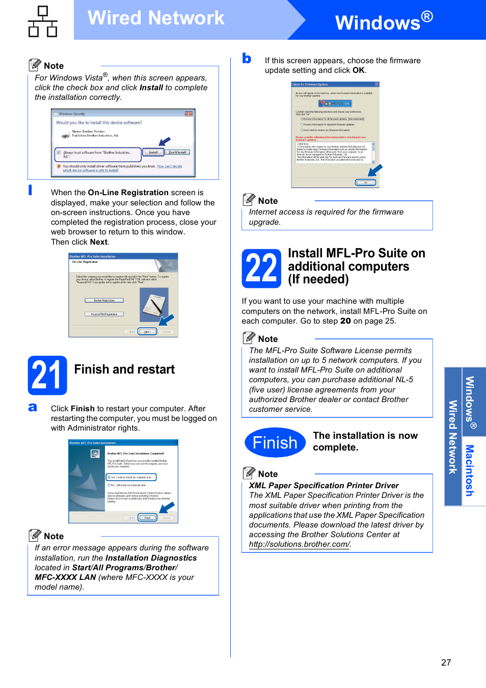 21 finish and restart, Windows, Wired network | Finish | Brother MFC-8690DW User Manual | Page 27 / 48