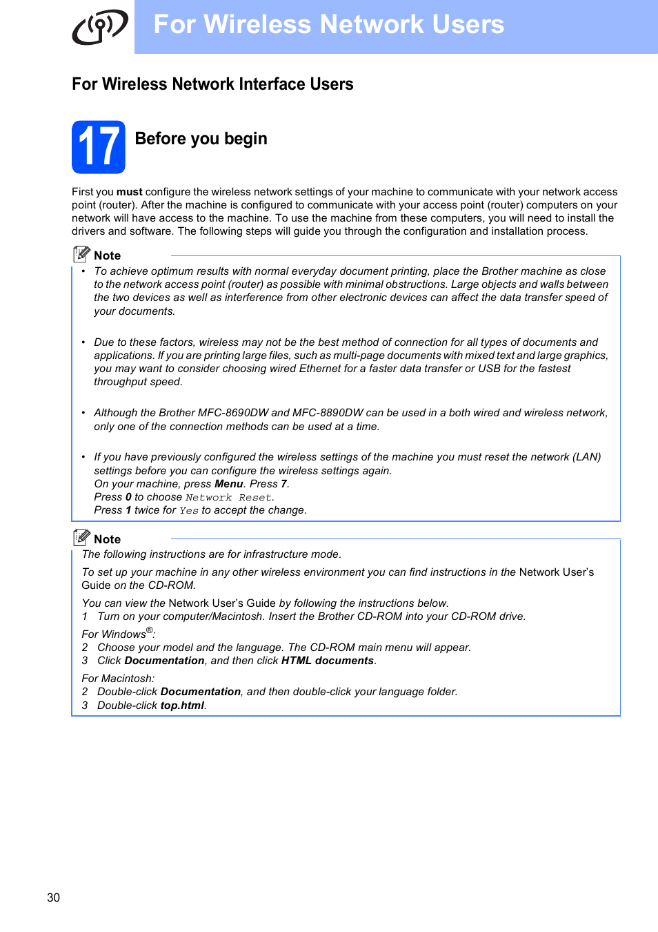 For wireless network interface users, 17 before you begin, For wireless network users | Before you begin | Brother MFC-8690DW User Manual | Page 30 / 48