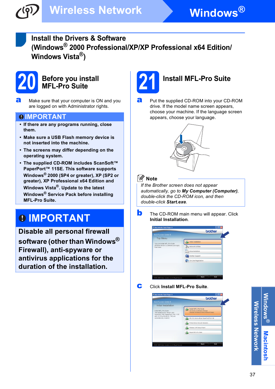 20 before you install mfl-pro suite, 21 install mfl-pro suite, Windows | Wireless network, Important | Brother MFC-8690DW User Manual | Page 37 / 48