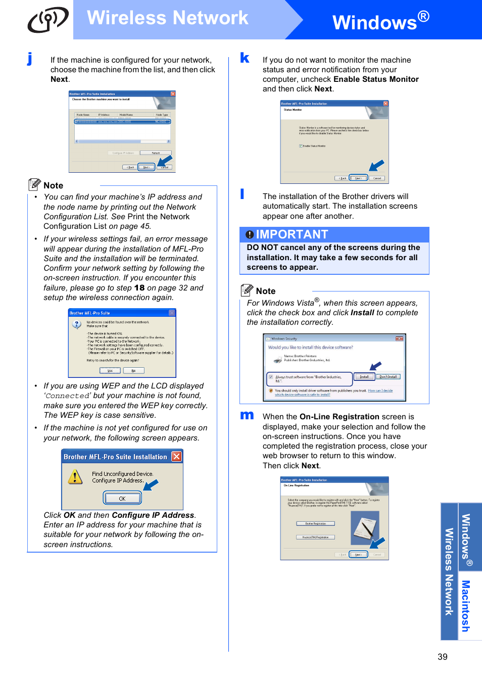 Windows, Wireless network, Important | Brother MFC-8690DW User Manual | Page 39 / 48