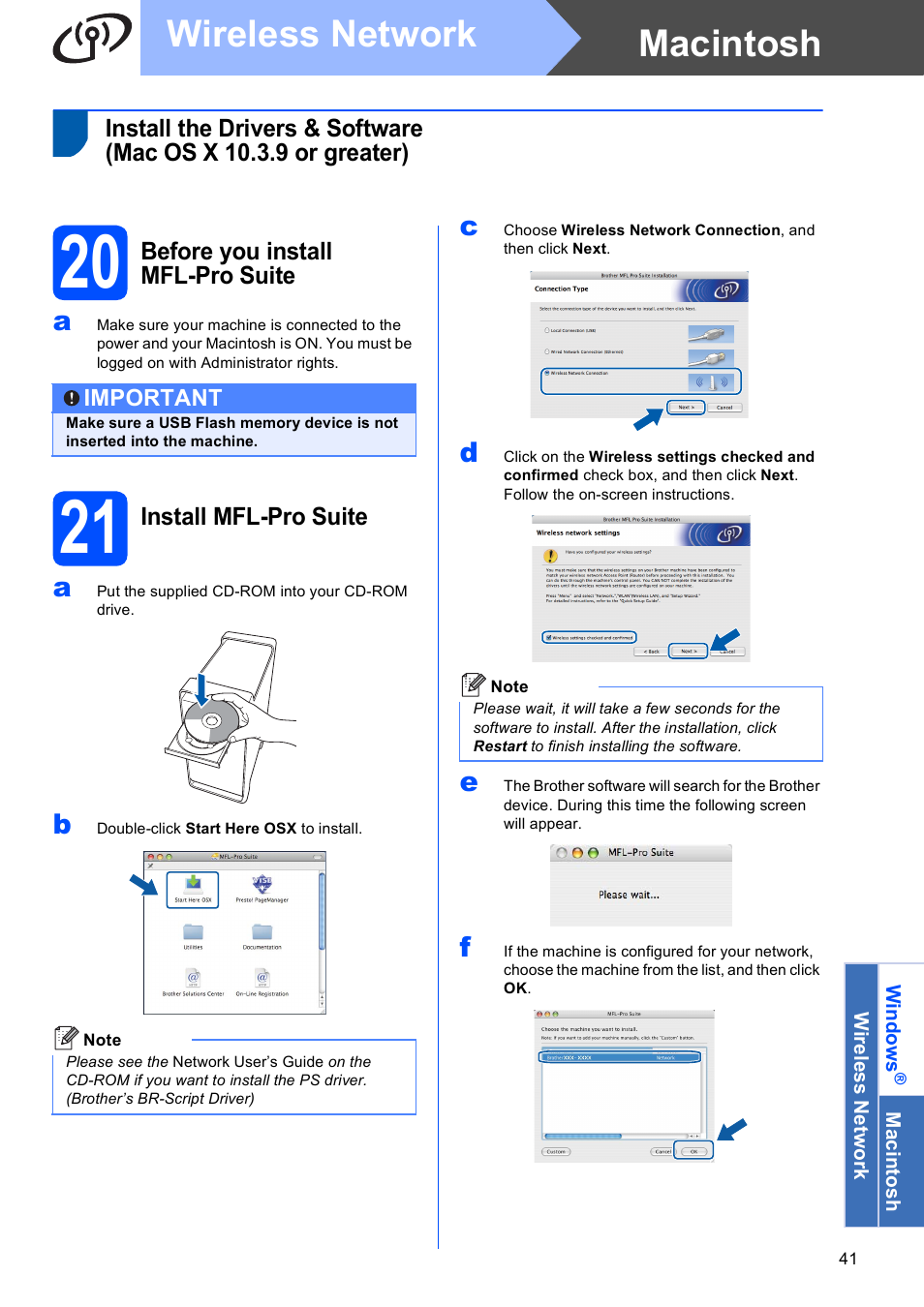 20 before you install mfl-pro suite, 21 install mfl-pro suite, Macintosh wireless network | Brother MFC-8690DW User Manual | Page 41 / 48