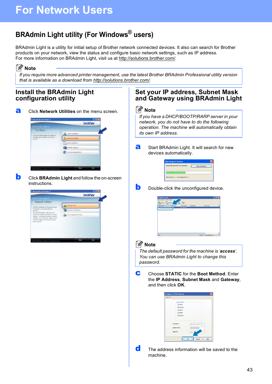 For network users, Bradmin light utility (for windows® users), Install the bradmin light configuration utility | Bradmin light utility (for windows, Users) | Brother MFC-8690DW User Manual | Page 43 / 48