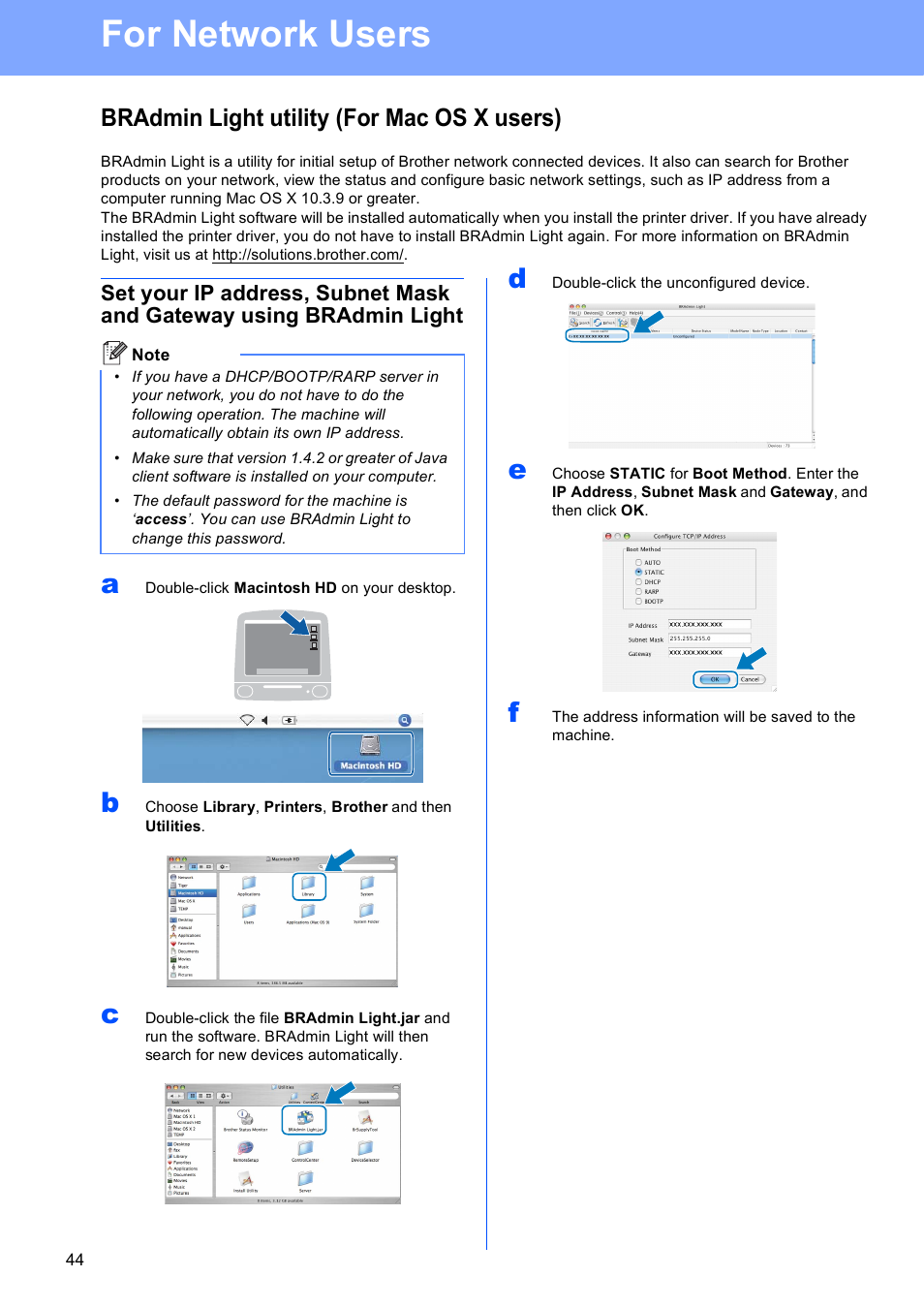 Bradmin light utility (for mac os x users), For network users | Brother MFC-8690DW User Manual | Page 44 / 48