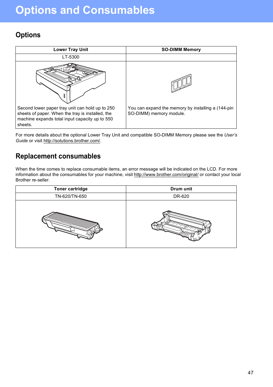 Options and consumables, Options, Replacement consumables | Brother MFC-8690DW User Manual | Page 47 / 48