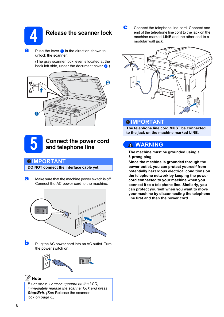 4 release the scanner lock, 5 connect the power cord and telephone line | Brother MFC-8690DW User Manual | Page 6 / 48