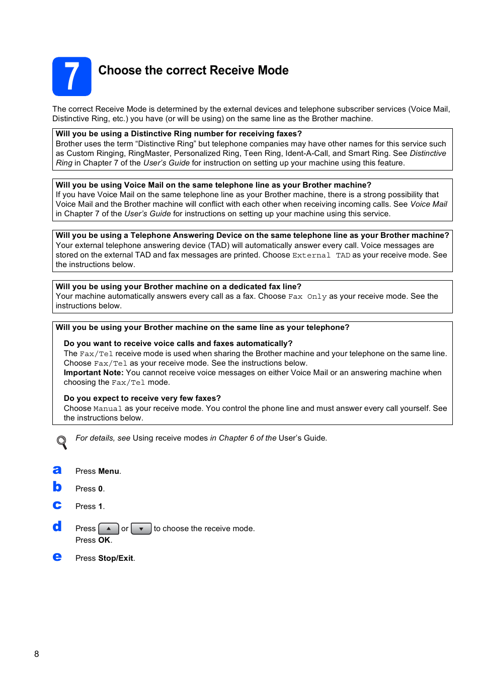 7 choose the correct receive mode, Choose the correct receive mode | Brother MFC-8690DW User Manual | Page 8 / 48