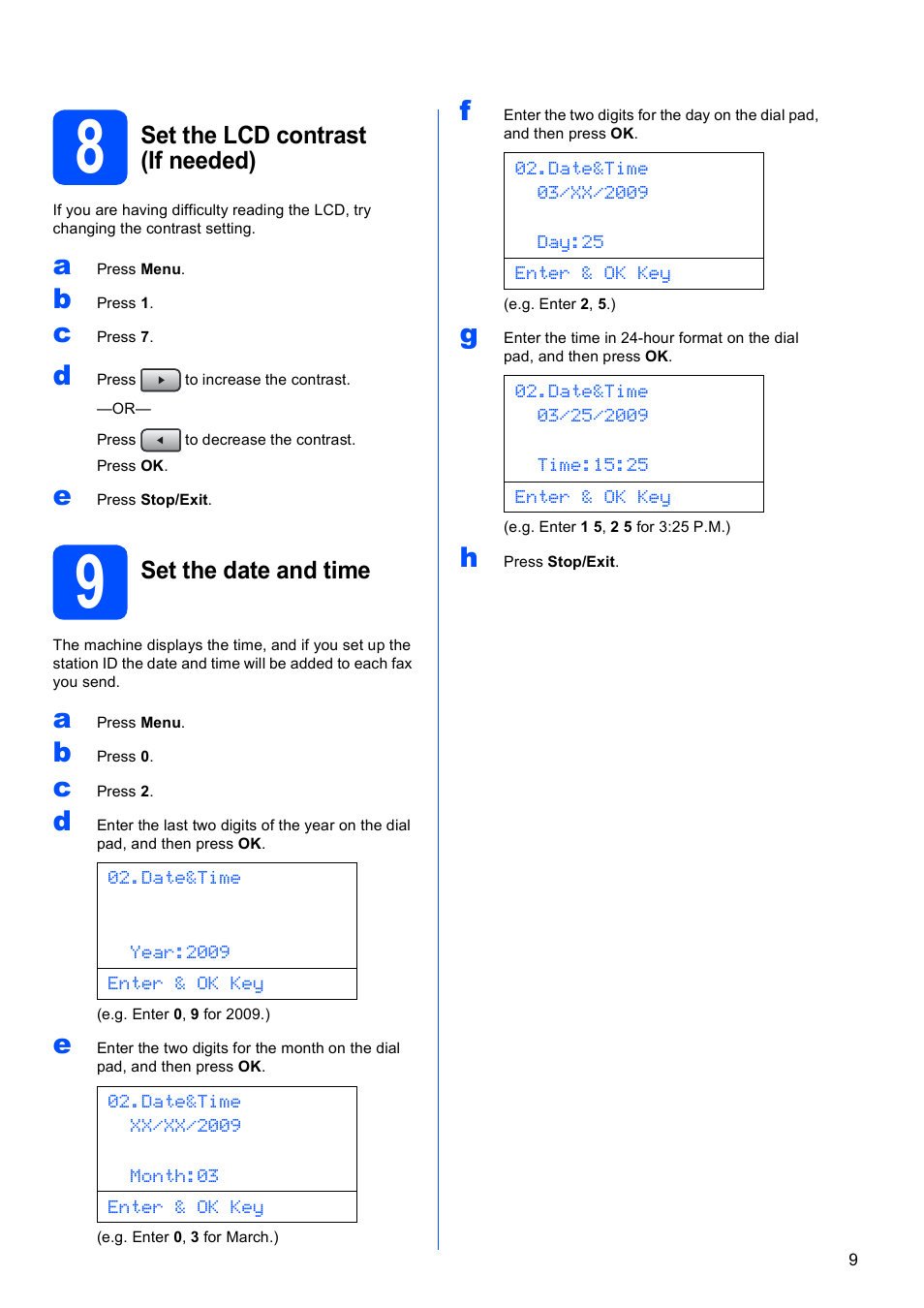 8 set the lcd contrast (if needed), 9 set the date and time | Brother MFC-8690DW User Manual | Page 9 / 48