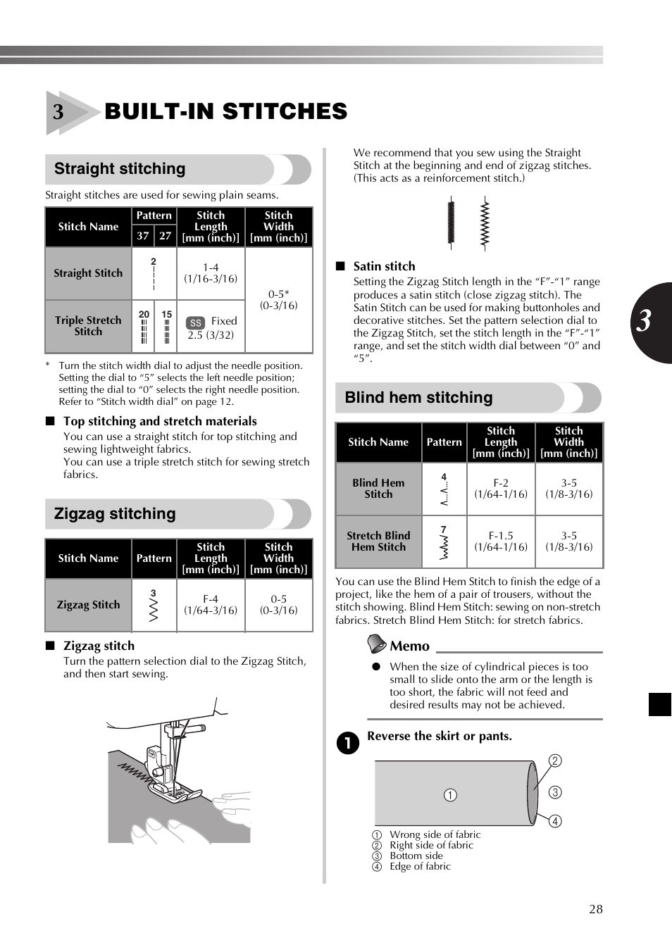 3built-in stitches, Straight stitching, Zigzag stitching | Blind hem stitching | Brother XM3700 User Manual | Page 29 / 104