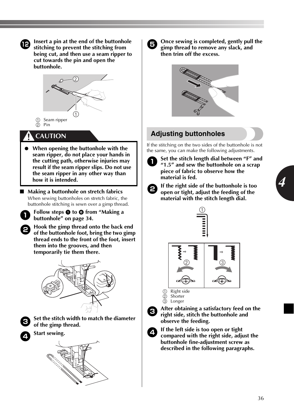 Adjusting buttonholes, Caution | Brother XM3700 User Manual | Page 37 / 104