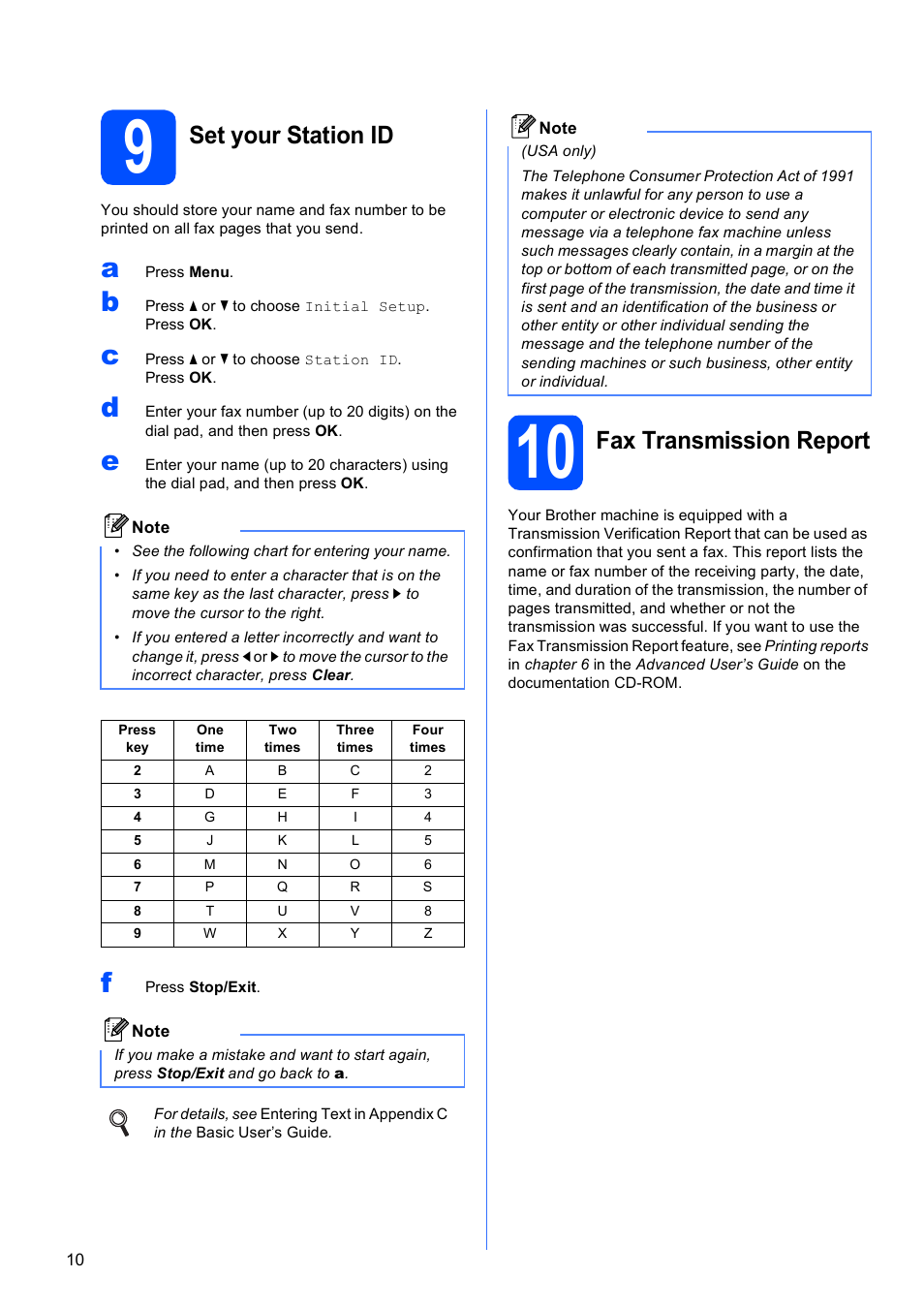9 set your station id, 10 fax transmission report, Set your station id | Fax transmission report | Brother MFC-J615W User Manual | Page 10 / 40