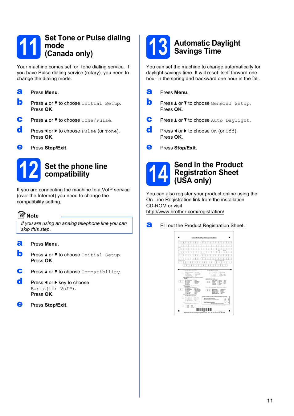 11 set tone or pulse dialing mode (canada only), 12 set the phone line compatibility, 13 automatic daylight savings time | Brother MFC-J615W User Manual | Page 11 / 40