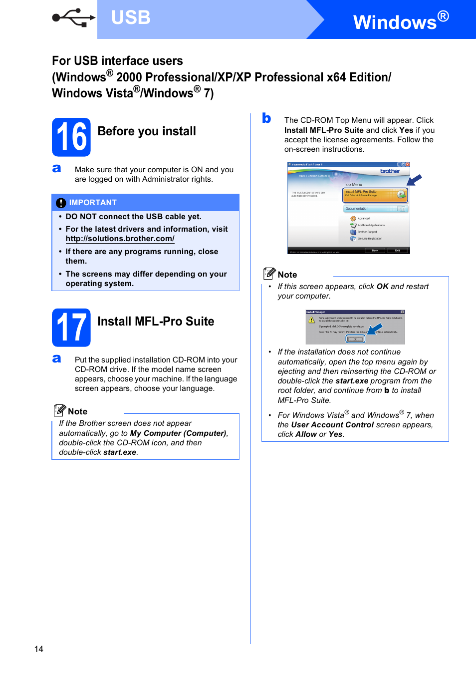 16 before you install, 17 install mfl-pro suite, Windows | Brother MFC-J615W User Manual | Page 14 / 40