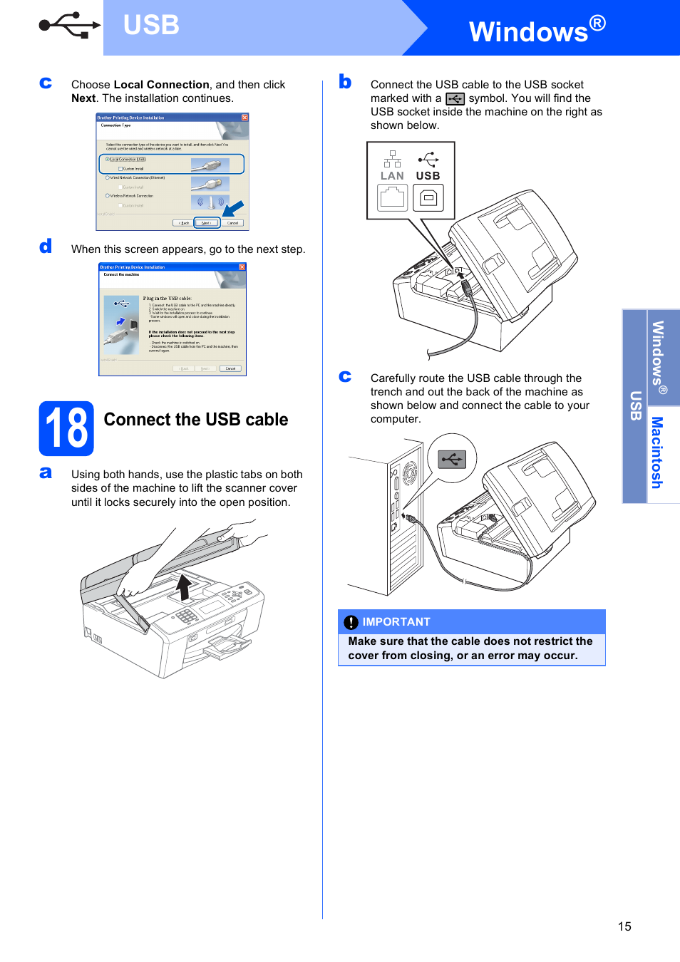 18 connect the usb cable, Windows | Brother MFC-J615W User Manual | Page 15 / 40