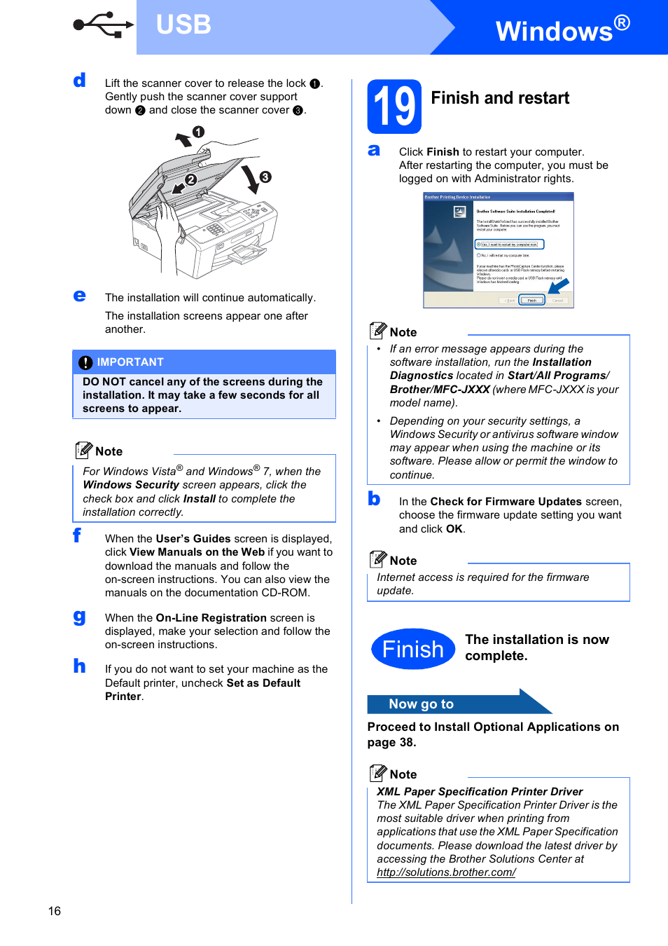 19 finish and restart, Windows, Finish | Finish and restart | Brother MFC-J615W User Manual | Page 16 / 40