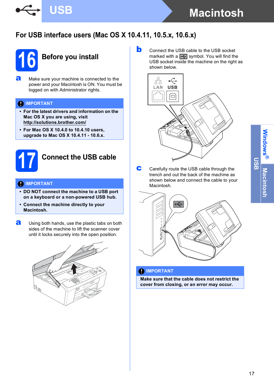 16 before you install, 17 connect the usb cable, Macintosh usb | Brother MFC-J615W User Manual | Page 17 / 40
